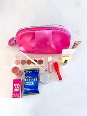 COSMETIC BUNDLE: Ulta Beauty Zip-Around Hot Pink Travel Bag & Make-Up Samples
